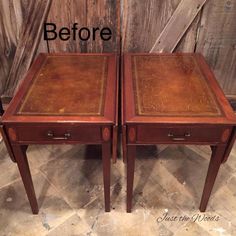 two wooden tables side by side with the same drawer open