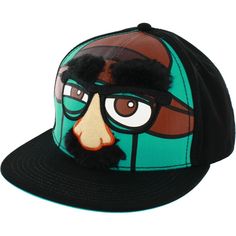 This Officially Licensed Phineas And Ferb Baseball Cap Features Agent P's Face, Only It's Been Disguised With Glasses, False Eyebrows, And A Human Nose Complete With Mustache. Embroidered And Applique Details With Faux Fur 'Eyebrows' And 'Mustache'. One Size Fits Most, Ages 14 And Up. 100% Cotton. Adjustable Back. Fun Black Snapback Hat With Flat Brim, Novelty Black Hat With Flat Bill, Novelty Black Snapback Hat One Size, Fun Black Hat With Flat Brim, Fun Black Flat Brim Hat, Novelty Black Flat Bill Baseball Cap, Human Nose, Video Game Pattern, False Eyebrows