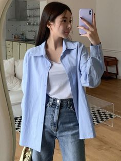 Blue Casual Collar Long Sleeve Cotton Striped Shirt Embellished Non-Stretch Spring/Fall Women Clothing Collar Shirt Outfit Women, Blue Chemise Outfit, Styling Basic Clothes, Outfit Chemise Bleu, Outfits Camisa Azul, Blue Oversized Shirt Outfit, Blue Shirts Women, Blue Shirt Women Outfit, Blue Button Up Shirt Outfit