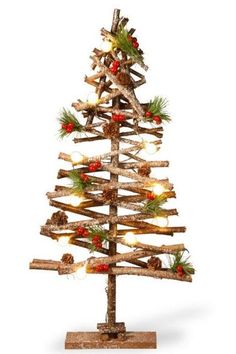 a wooden christmas tree with lights on it