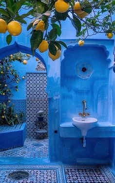 a blue bathroom with lemons hanging from the tree in it's courtyard area