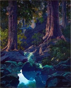 there is a small stream in the middle of some rocks and trees with water running through it