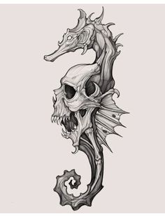 a drawing of a seahorse with a skull on it