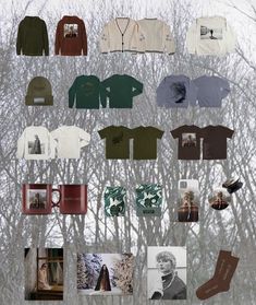 the collage shows many different types of clothing and trees with snow on them in winter