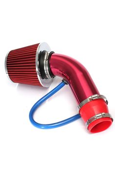 a red and blue air intake on a white background with the hose connected to it