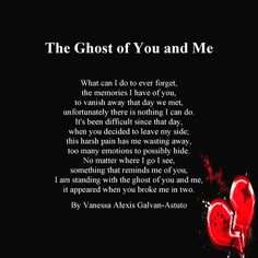 the ghost of you and me quote on black background with red heart shaped object in center