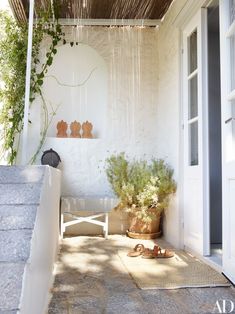 an outdoor area with potted plants on the outside wall and door to the inside