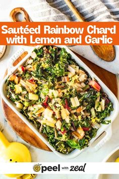 sauteed rainbow chard with lemon and garlic in a casserole dish