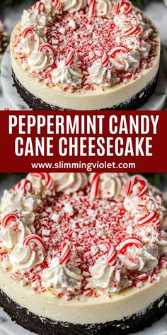 peppermint candy cane cheesecake on a white plate