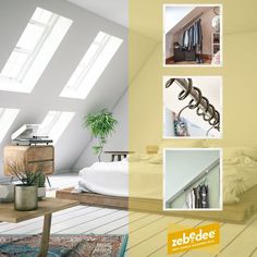 an attic bedroom with yellow walls and white bedding is featured in the magazine zebedee