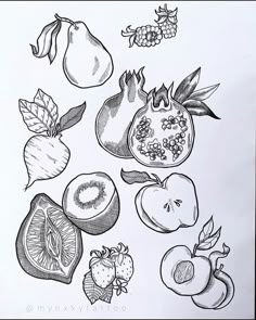 an ink drawing of fruits and vegetables