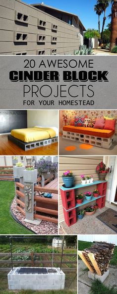 several pictures of different types of outdoor furniture in various styles and colors, with the words 20 awesome cinder block projects for your home