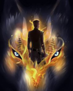 a man standing in front of a fire demon with eyes on it's face