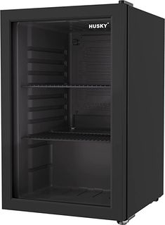 an empty black refrigerator with the door open