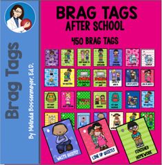 the back cover of brag tags after school, with pictures of people and words