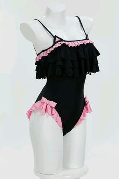 Check out my profile for more fashion Inspo! #affiliate spaghetti strap, black swimsuit, bathing suit, women's swimwear, anime inspired, swimsuit with bows, coquette, pink and black swimsuit, one piece swimsuit, ruffles and frills, summer outfits, Inspo, ideas Emo Bathing Suit Aesthetic, Cutecore Swimsuit, Shoujo Swimwear, Pink Swimsuit Aesthetic, Girly Swimsuit, Swimsuit Outfit Ideas, Funny Bathing Suits