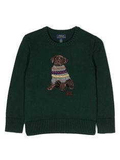 forest green cotton patterned intarsia knit dog pattern crew neck long sleeves ribbed cuffs and hem straight hem Maglia Fair Isle, Fair Isle Pullover, Polo Ralph Lauren Kids, Ralph Lauren Kids, Cotton Jumper, Dog Wear, Wool Turtleneck, Fair Isle Sweater, Dog Pattern