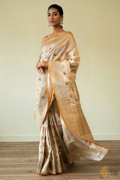 Luxury Katan Silk Cream Dupatta, Luxury Katan Silk Saree For Eid, India Inspired, Katan Silk Saree, White Saree, Wedding Clothes, Katan Silk, Weaving Process, Handloom Saree