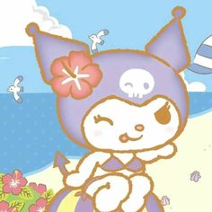 an animal with a skull on its head sitting in front of the ocean and flowers