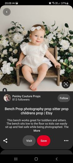 a baby sitting in a wooden chair with flowers on the wall behind it and an instagram page below