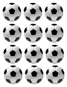 many black and white soccer balls on a white background