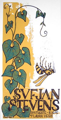 an image of a poster with flowers and leaves on it's side, in yellow and green