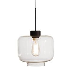 a clear glass light fixture with a black cord hanging from it's center point