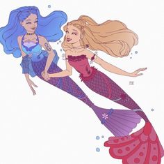 two mermaids are swimming in the water