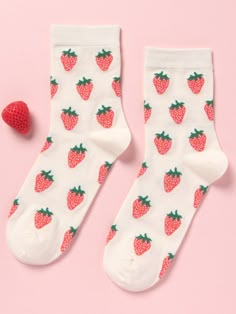 Multicolor  Collar  Fabric Fruit&Vegetable Crew Socks Embellished   Women Socks & Hosiery Socks Cute Aesthetic, Cheap Cute Soft Socks, Cute Pink Socks, Fun Socks Aesthetic, Strawberry Socks Aesthetic, Cheap Cute Non-slip Socks, Strawberry Socks, Fruit Socks, Women Socks Fashion