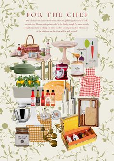 an advertisement for the kitchen and dining room with various items on it, including utensils