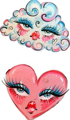 two heart shaped magnets with eyes and eyelashes on them, one in the shape of a cloud