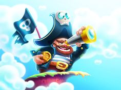 a cartoon pirate holding a telescope and looking through it's binoculars while standing on top of a floating island