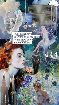 a collage with an image of a woman and cats in the background, surrounded by candles