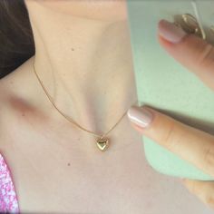 "Puffed Mini Heart Necklace in Gold ✨ Fully stainless steel & tarnish proof! (18k gold plated) 16\" with a 2\" extender  Snake chain style featuring a mini gold puffed heart pendant 🤍 Handmade with love!" Puff Heart Necklace, Gold Heart Necklace With Box Chain, Gold Heart Shaped Box Chain Jewelry, Gold Heart Pendant Necklace With Box Chain, Gold Heart Necklace As Gift, Heart-shaped Gold Chain Necklace For Gift, Heart Shaped Gold Chain Necklace For Gift, Gold Plated Heart Necklace With Gold Chain For Gift, Yellow Gold Heart Necklace With Gold Chain