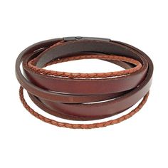 "With a mulitstrand wrap design highlighted with braided detailing, this faux-leather bracelet keeps your style on-trend. Comes in a gift box.BRACELET DETAILS Length: 16.5 in. Closure: magnetic Metal: black ion-plated stainless steel  Size: 16"". Color: Brown. Gender: male. Age Group: adult." Adjustable Double Band Brown Wrap Bracelet, Adjustable Brown Multi-strand Wrap Bracelet, Modern Adjustable Brown Wrap Bracelet, Modern Brown Adjustable Wrap Bracelet, Faux Leather Bracelets, Jewelry Advice, White Bracelets, Men's Bracelet, Leather Wrap Bracelet