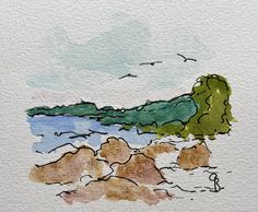 a watercolor painting of rocks and trees by the ocean with birds flying over them