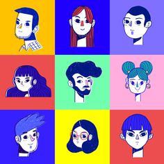 six people with different hair styles and colored squares in the shape of square faces, all on