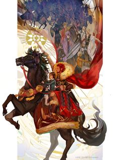 a man riding on the back of a black horse next to a giant red flag