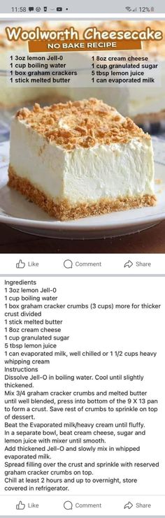 an image of a piece of cheesecake on a plate with instructions to make it