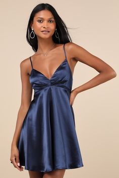 Happily Yours Navy Blue Satin Skater Mini Dress Dresses Semi Formal Short, Silk Blue Dress Short, Hoco Flowy Dress, Deep Blue Hoco Dress, Mid Length Homecoming Dresses, Hoco Dresses A Line, Homecoming Dress Inspo 2024, Winter Dresses Short, Alt Hoco Dress