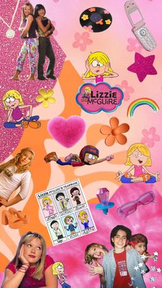 a collage of cartoon characters and their names on a pink background with hearts, stars, flowers, and other things