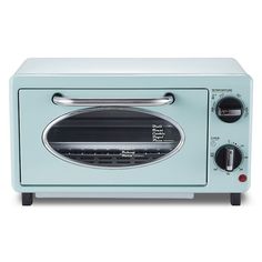 a toaster oven sitting on top of a white counter