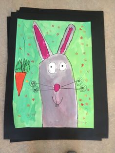 a drawing of a rabbit with carrots on it's nose and another bunny in the background