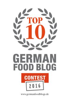 the top 10 german food blog contest winner is in front of a white background with red and