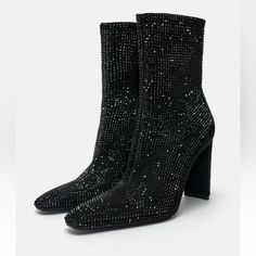 Limited Time Sale New With Tag Size 10/41 No Measurements Price Is Firm 2136/310 Chunky Heel Ankle Boots, Shoes Sale, Heel Ankle Boots, Zara Shoes, Shoe Closet, Black Rhinestone, Heeled Ankle Boots, Zara Black, Chunky Heel