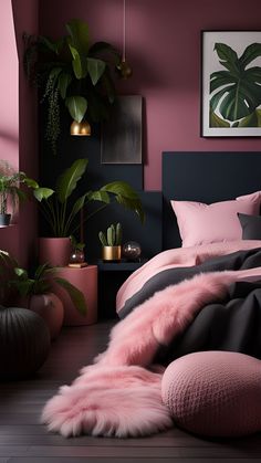 a pink and black bedroom with plants on the wall