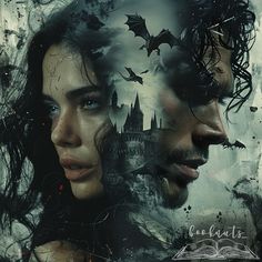 two people with dark hair are facing each other in front of a castle and bats