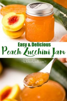 a spoon full of peach zucchini jam next to sliced oranges