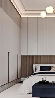 a bedroom with white walls and wooden paneling on the ceiling, along with a large bed