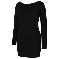 Black Hollow-out Back Knit Long Sleeve Dress Chic Black Knit Bodycon Dress, Black Knit Bodycon Dress For Spring, Spring Black Knit Bodycon Dress, Ribbed Mini Dress For Winter Evenings, Winter Evening Ribbed Mini Dress, Black Ribbed Sweater Dress For Evening, Black Knit Mini Dress For Night Out, Knit Long Sleeve Dress, Dresses Bodycon